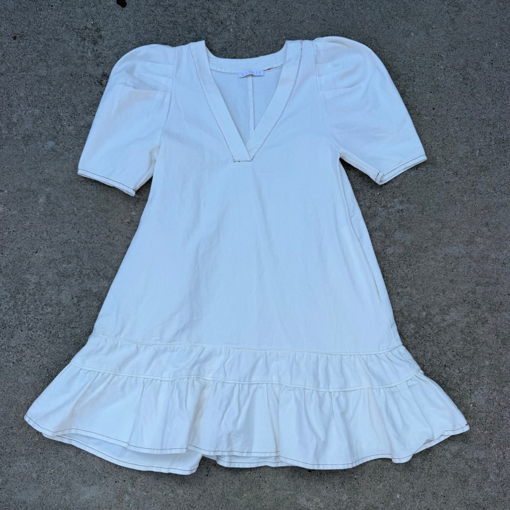 Karlie Dress Womens S White Puff Sleeve V-Neck Ruffle Hem Cotton Summer Chic